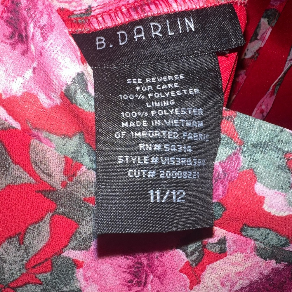 B. DARLIN Open Back MIDI Dress Red and Pink with Flower Pattern SIZE 11/12 - Picture 3 of 3